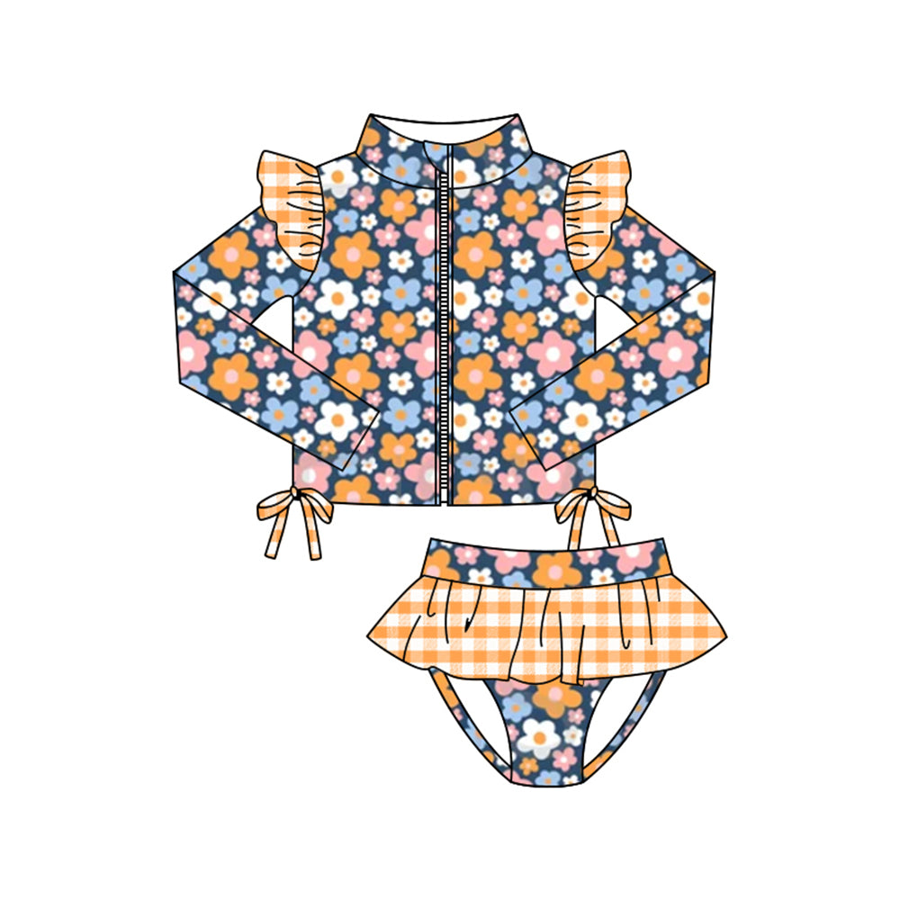 11.4 S0609 Pre order No Moq Baby Girls Orange Blue Flowers Zipper Top Tunic Bummies 2 Piece Swimsuits
