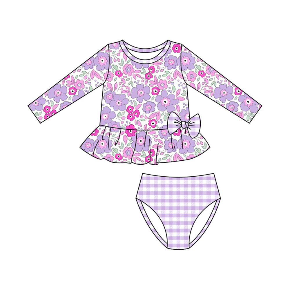 11.4 S0611 Pre order No Moq Baby Girls Pink Purple Flowers Tunic Checked Bummies 2 Piece Swimsuits