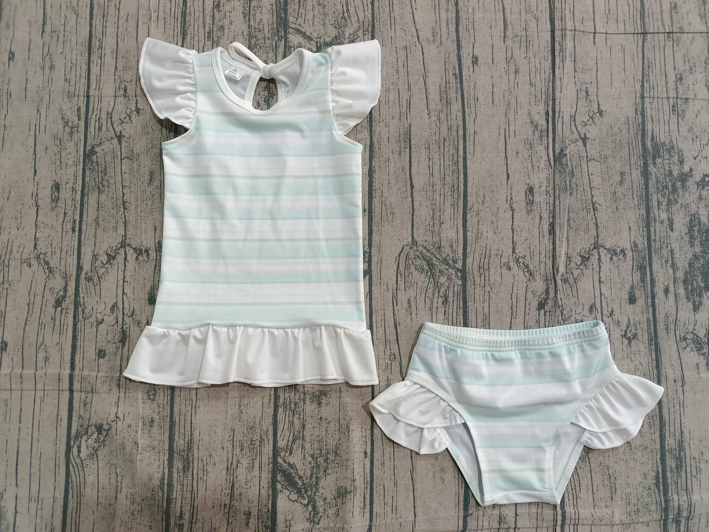 1.27 S0652 Sample No Moq Baby Girls Aqua Stripe Ruffle Top Bummies 2 Pieces Swimsuits
