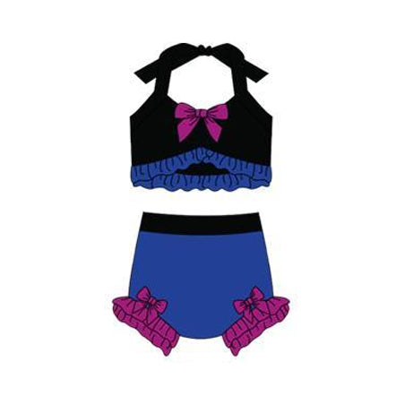 12.13 S0685 Pre order No Moq Baby Girls Blue Black Strap Vest Bows Bummies 2 Pieces Swimsuits