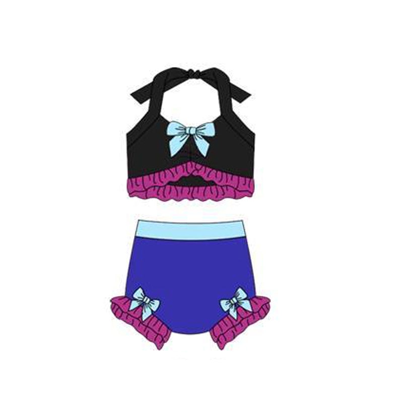 12.13 S0693 Pre order No Moq Baby Girls Black Purple Strap Vest Bows Bummies 2 Pieces Swimsuits