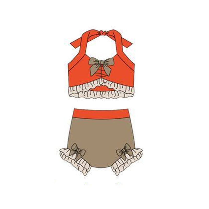 12.13 S0698 Pre order No Moq Baby Girls Orange Khaki Strap Vest Bows Bummies 2 Pieces Swimsuits