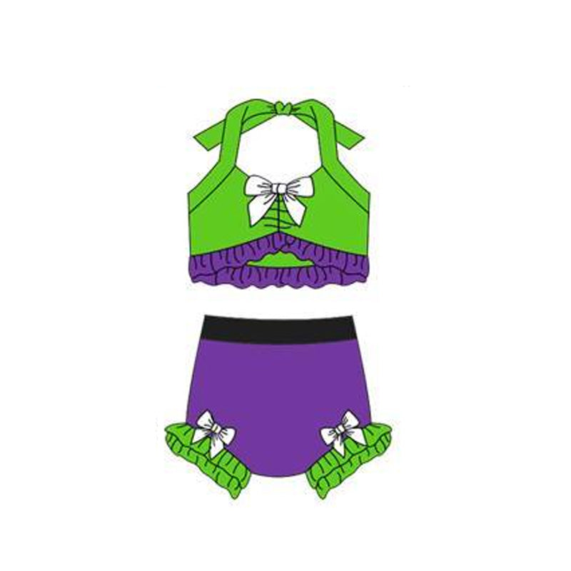 12.13 S0699 Pre order No Moq Baby Girls Green Purple Strap Vest Bows Bummies 2 Pieces Swimsuits