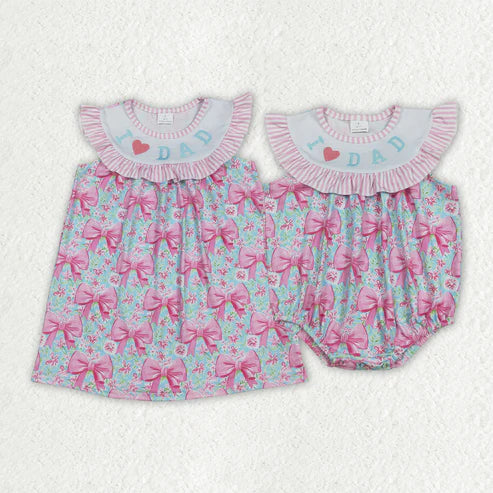 10.16 RTS Sibling Embroidery Baby Girls Pink I Love Dad Floral Bows Rompers Dresses