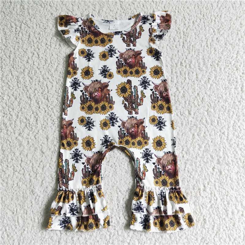4.17 SR0048 RTS NO MOQ Highland cow sunflower baby kids romper