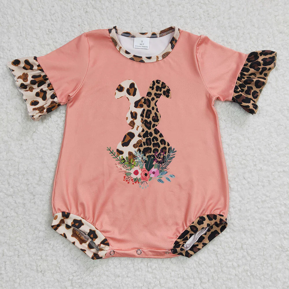 2.10 RTS Sibling Baby Girls Summer Easter Pink Rabbit Leopard Rompers Sets
