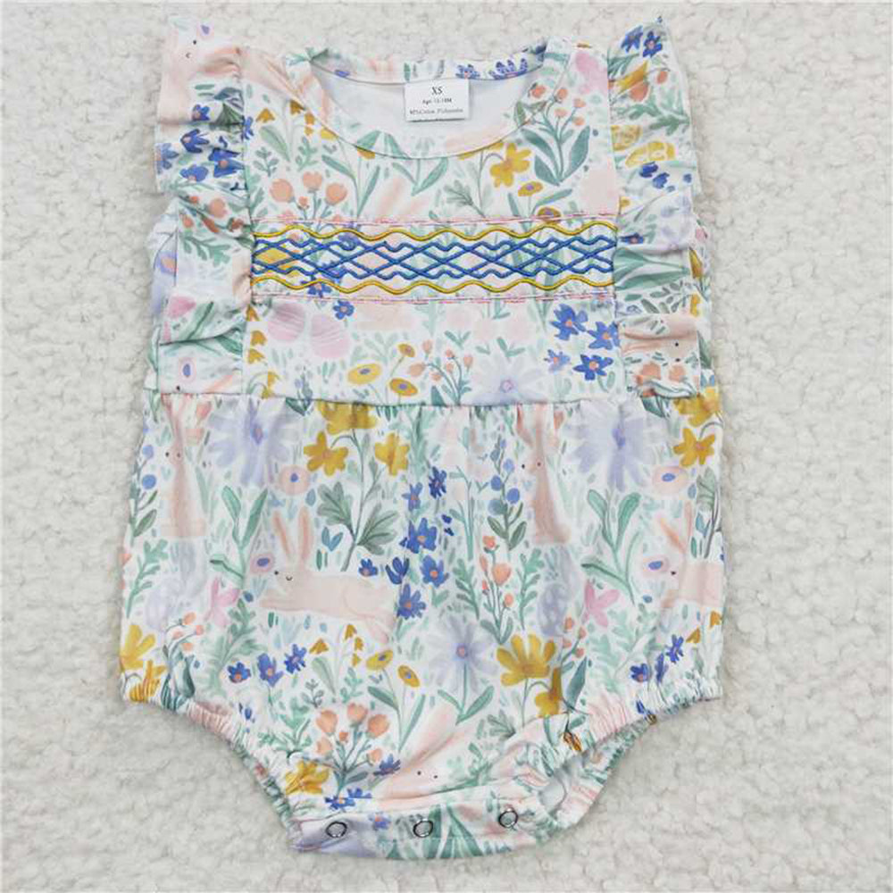 4.22 RTS NO MOQ Baby Girls Floral Embroidery Dress with Rabbit Ear Design And Flutter Sleeves Cute Children's Clothing for Girls