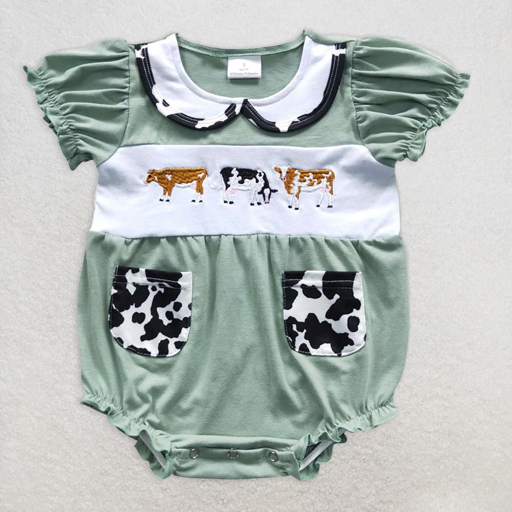 SR0373 RTS NO MOQ Baby Girls Summer Rompers Baby Girls Cow Green Color Rompers