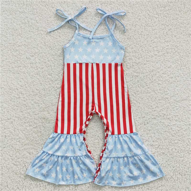 6.09 SR0385 RTS NO MOQ Baby Girls Summer Jumpsuits Sleeveless stripe bell bottom girls 4th of july jumpsuit