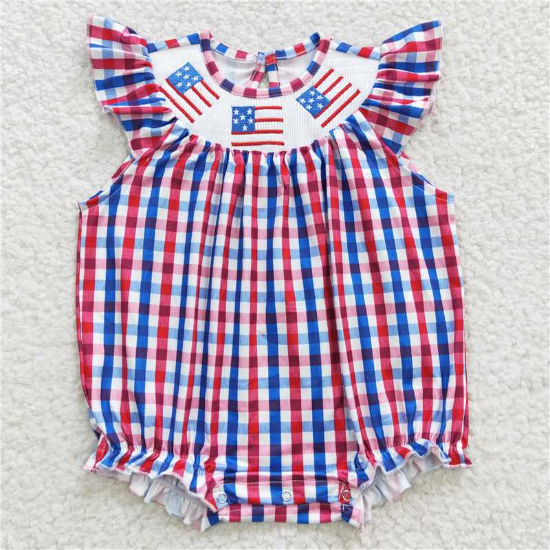 4.11 SR0388 RTS NO MOQ Flag embroidery smock baby girls 4th of july romper