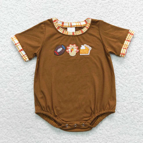 9.19 RTS Sibling Baby Boys Girls Embroidery Turkey Footballs Pie Thanksgiving Clothes Sets Rompers