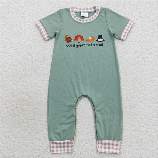 USA Warehouse (IN STOCK) SR0439 Turkey Boy Thanksgiving Romper  'God Is Great God Is Good' Message Perfect for Celebrations