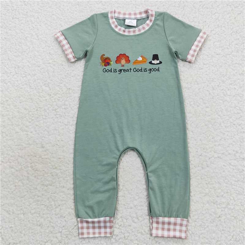 11.27 RTS NO MOQ (In stock)SR0439 Baby Boys Rompers Baby Boys Light Green Thanksgiving Turkey Rompers