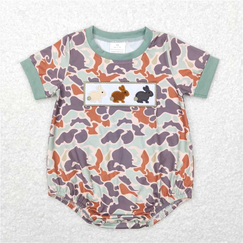 4.22 RTS NO MOQ Camo Rabbit Baby Boy Easter Romper Short Sleeves Cute Infant Outfit Spring Time Celebration Clothing
