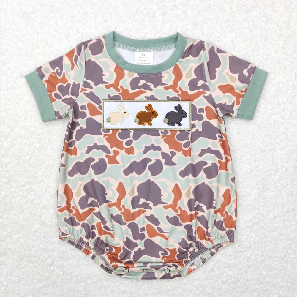 1.7 RTS Sibling Baby Boys Embroidery Rabbits Camo Pockets Shorts Easter Clothes Sets Rompers