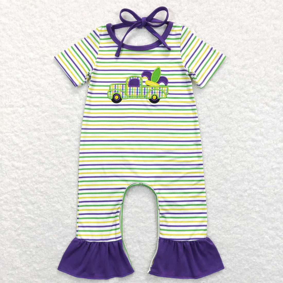 10.22 RTS Sibling Baby Boys Girls Embroidery Truck Anchors Stripe Mardigras Clothes Sets Footie Rompers