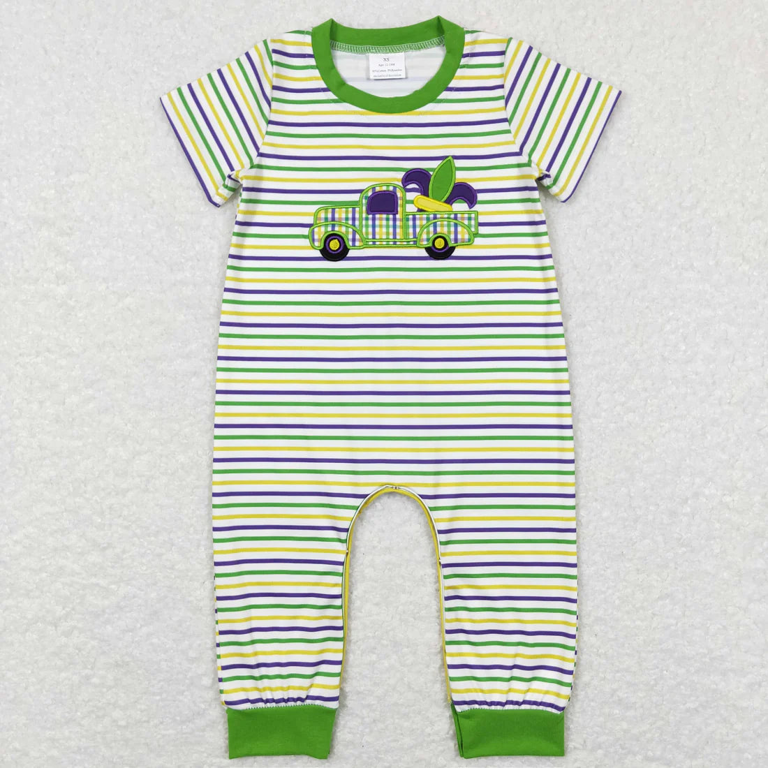 10.22 RTS Sibling Baby Boys Girls Embroidery Truck Anchors Stripe Mardigras Clothes Sets Footie Rompers