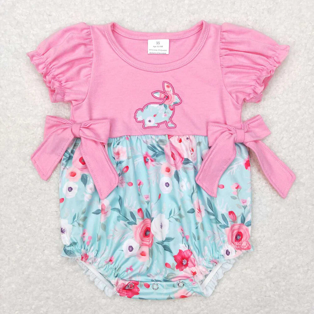 12.26 RTS Sibling Baby Girls Easter Floral Rabbit Bows Rompers Clothes Sets