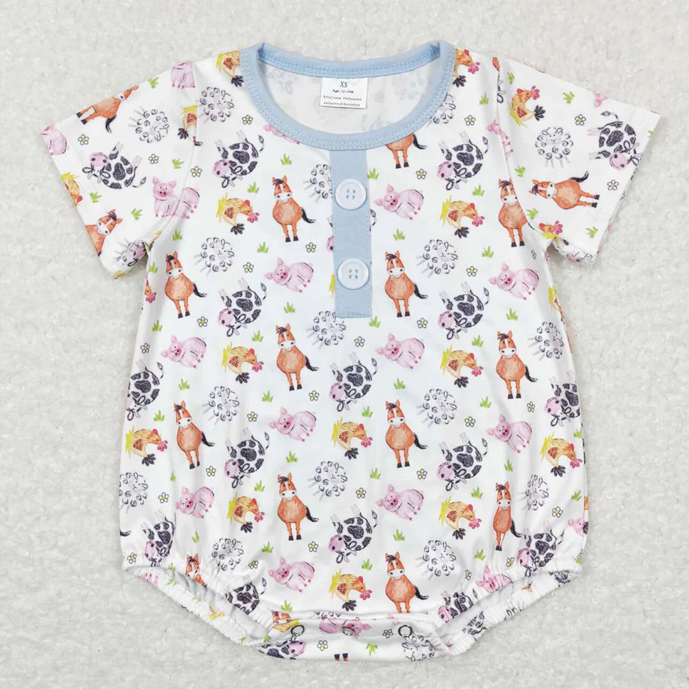 12.5 RTS Sibling Baby Boys Cows Horse Blue Farm Rompers Outfits