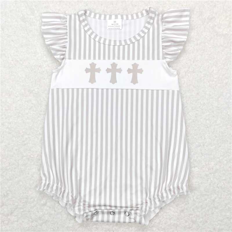 6.16 RTS NO MOQ White cross top khaki stripe bummies baby boy easter set rompers dress