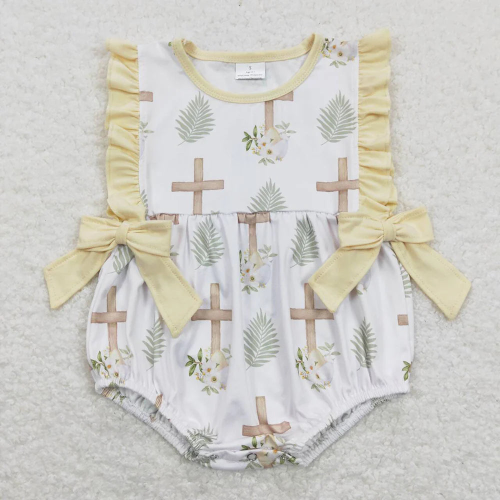 2.10 RTS Sibling Baby Girls Cross Easter Flowers Bows Rompers Dresses