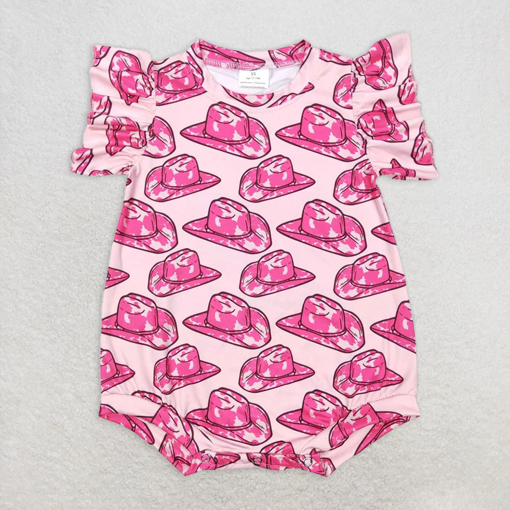 SR0623RTS NO MOQ Baby Girls Summer Rompers Short sleeves hot pink hat baby girls western romper
