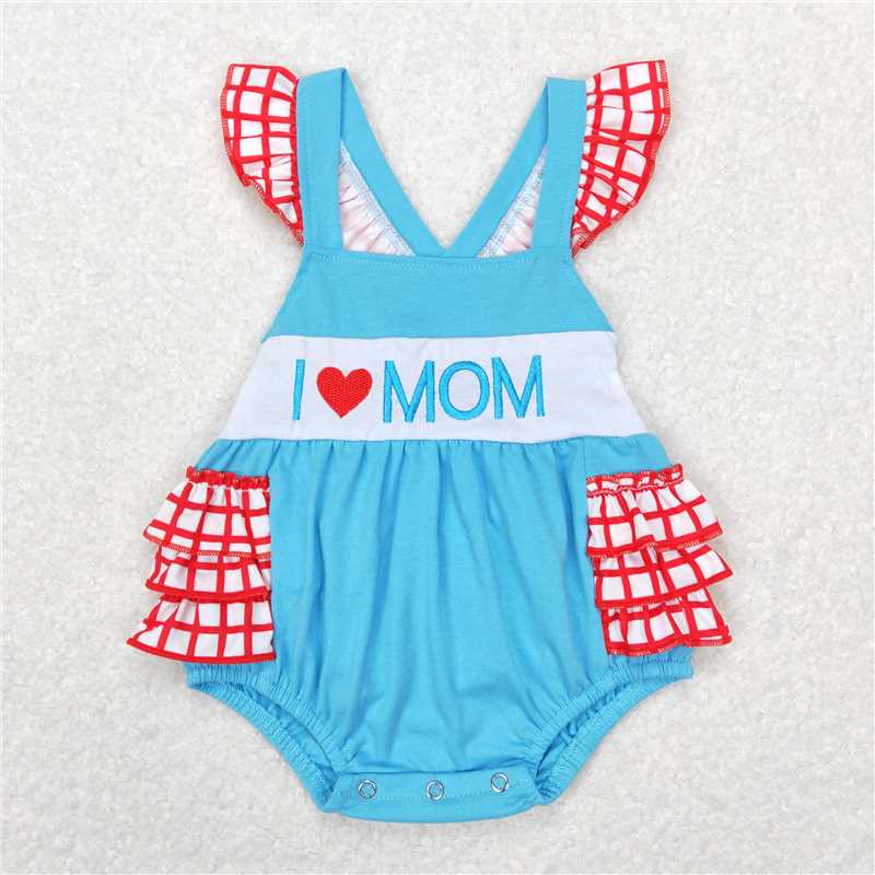7.22 RTS NO MOQ I love mom light blue plaid ruffle girls mother's day dress rompers