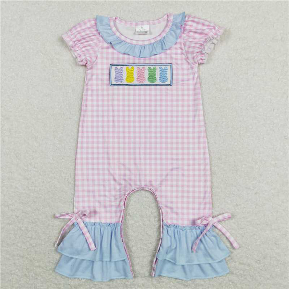 5.16 SR0689 RTS NO MOQ Pink plaid bunny ruffle baby girls easter romper