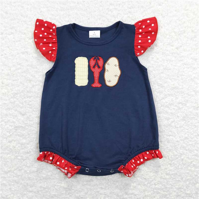 4.18 RTS NO MOQ Girls Navy Plaid Corn Crawfish Top And Shorts Set Cute Animal Print Outfit for Kids