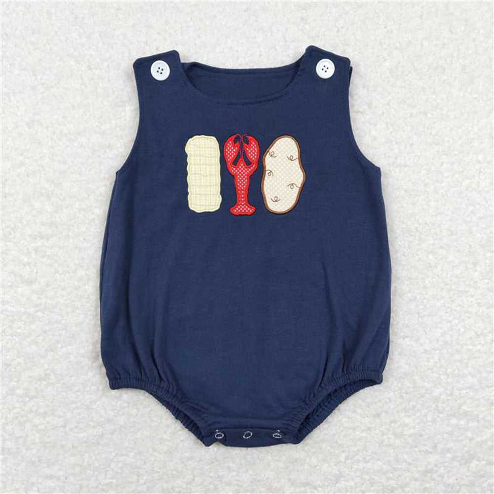 4.18 RTS NO MOQ Girls Navy Plaid Corn Crawfish Top And Shorts Set Cute Animal Print Outfit for Kids