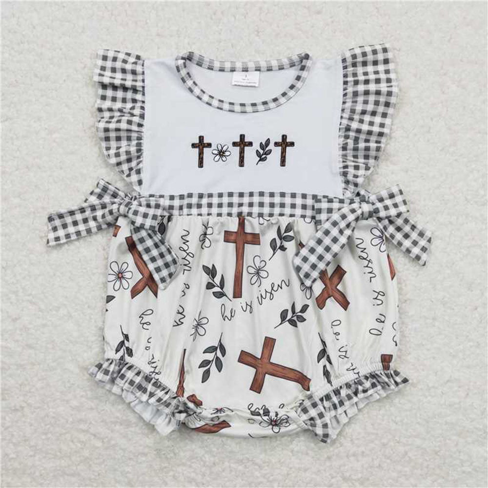 SR0813Cross Floral Baby Girls Easter Romper with Flutter Sleeves Girls Outfit Spring Clothing Toddler Dresses