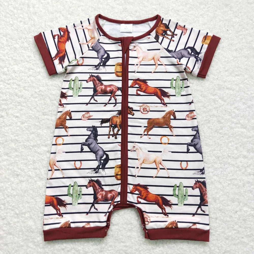 1.23 RTS Sibling Baby Infant Boys Western Cowboys Short Sleeve Zip Rompers