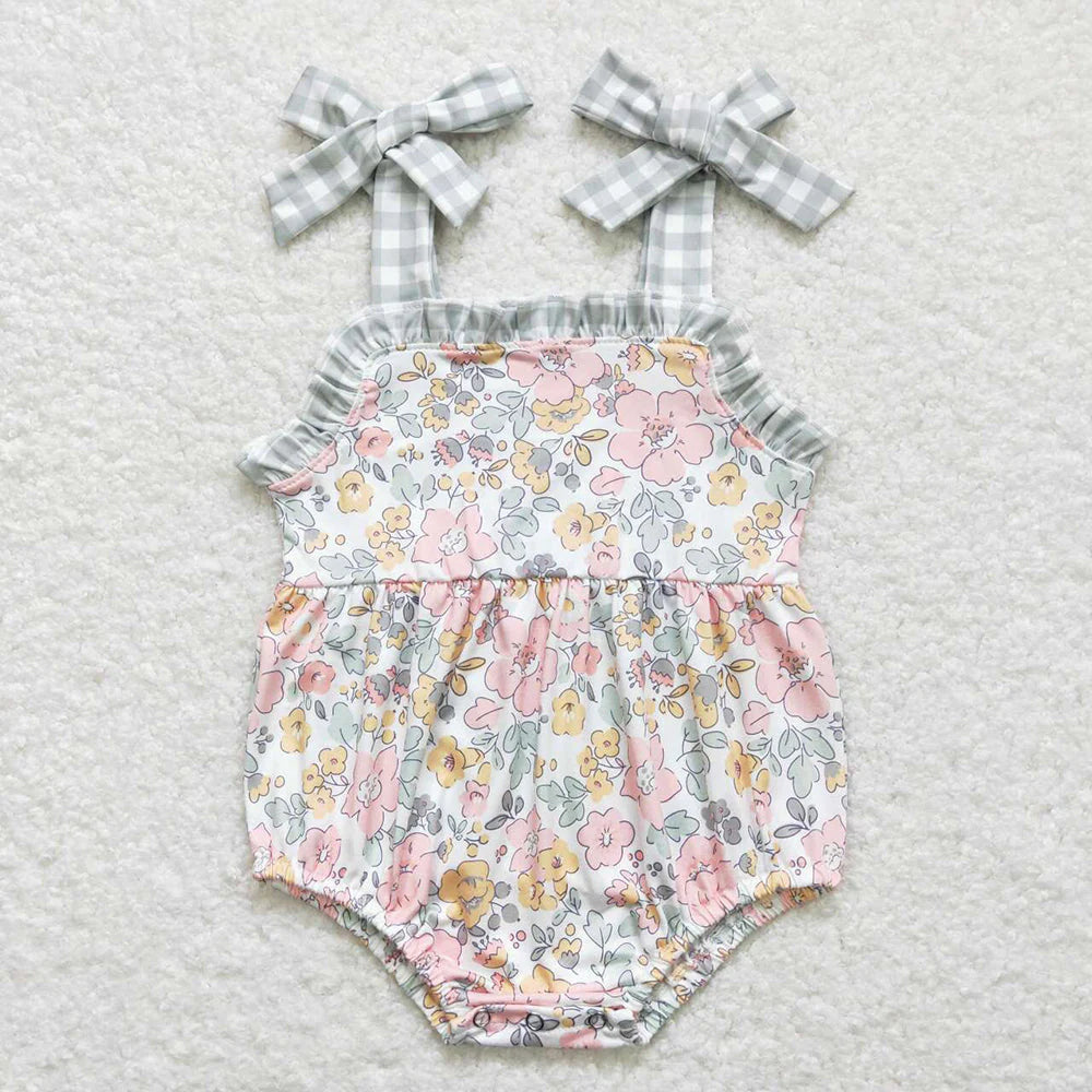 12.27 RTS Sibling Baby Girls Spring Green Pink Flowers Rompers Clothes Suits