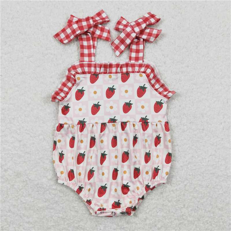4.07 SR0978 RTS NO MOQ Baby Girls Summer Rompers Suspender plaid floral strawberry baby girls romper