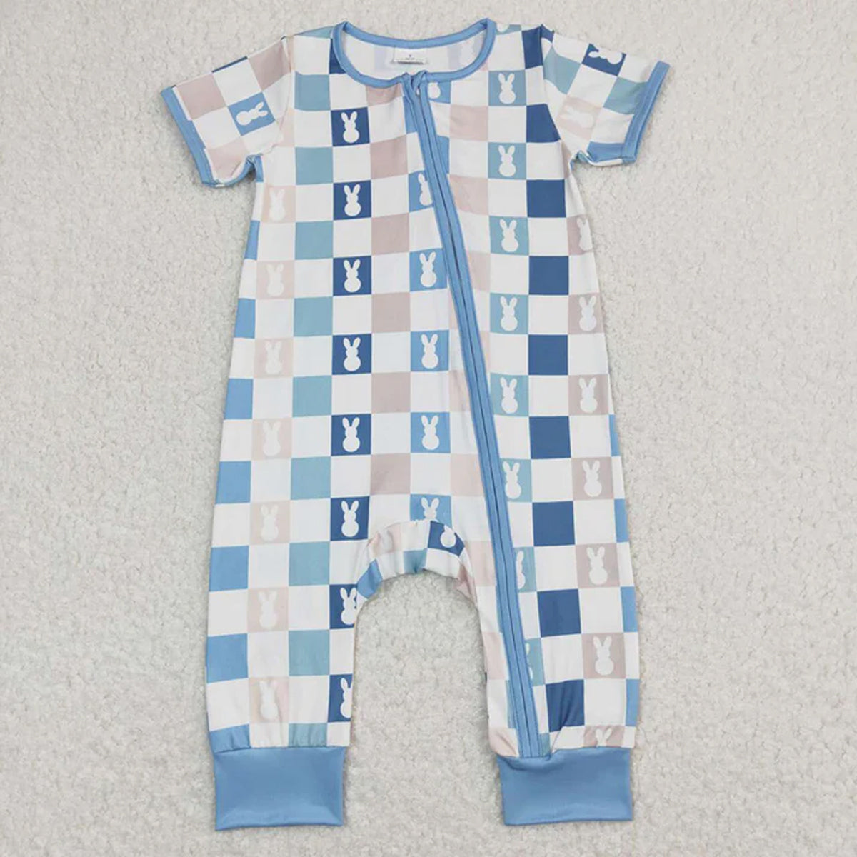 RTS Sibling Baby Boys Blue Checkered Rabbits Short Sleeve Tops Pants Pajamas Clothes Sets rompers