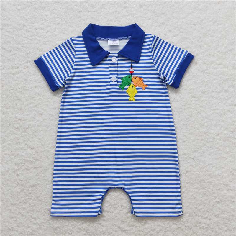 4.22 RTS NO MOQ Baby Boys Short Sleeve Polo Romper with Pocket Fishing Theme Casual Outfit for Toddlers