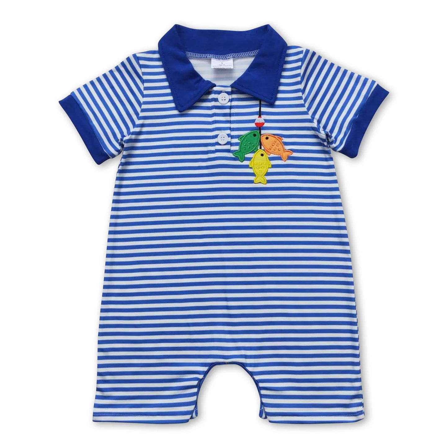 9.30 RTS Sibling Brother Baby Boys Embroidery Fishing Blue Stripes Summer Clothes Sets Rompers
