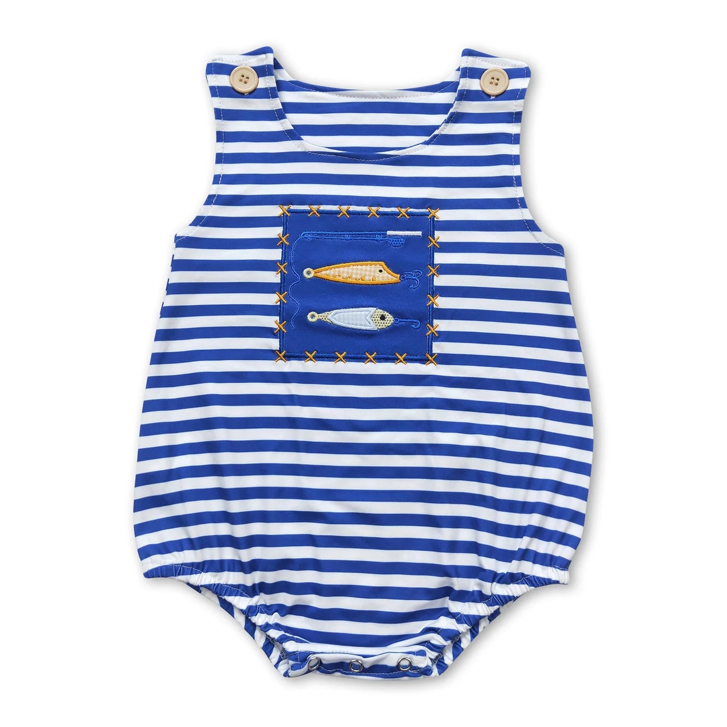 9.30 RTS Sibling Brother Baby Boys Embroidery Fishing Blue Stripes Summer Clothes Sets Rompers