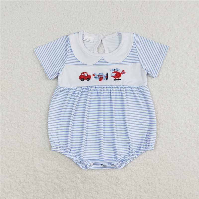 7.16 RTS NO MOQ Blue stripe transportation shirt red shorts boys clothes rompers