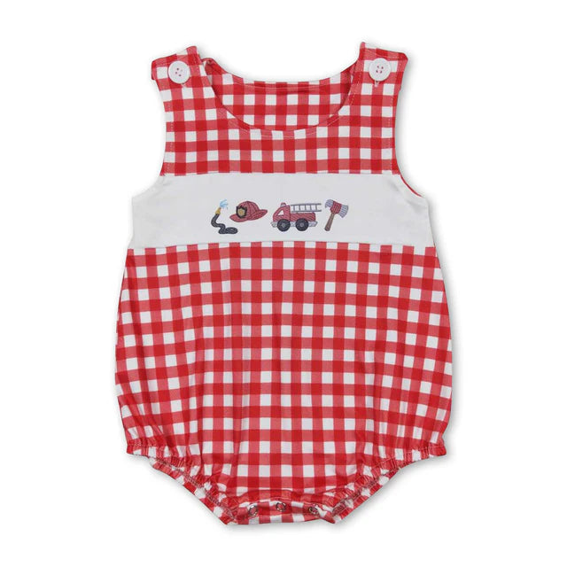 RTS Sibling Red plaid straps fire truck girls summer dresses and romper