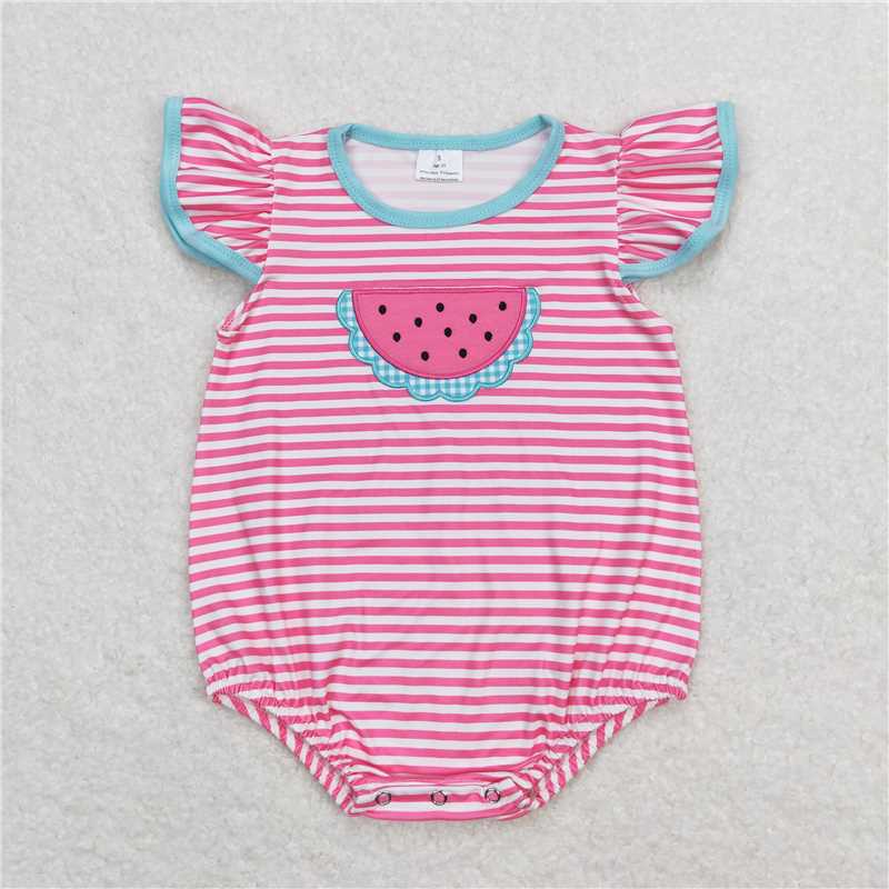 6.09 SR1268 RTS NO MOQ Baby Girls Summer Romper Flutter sleeves stripe watermelon baby girls summer romper