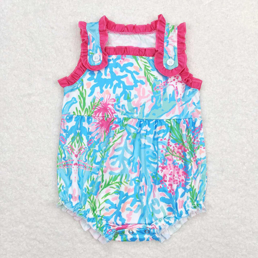 12.20 RTS Sibling Baby Girls Water Flowers Straps Rompers Outfits Sets