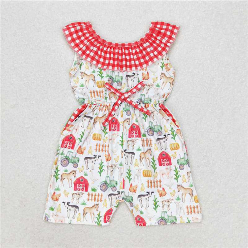4.22 SR1301 RTS NO MOQ Plaid pig horse chicken pockets baby girls farm jumpsuit