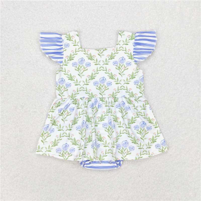 4.07 SR1371 RTS NO MOQ Baby Girls Summer Rompers Flutter sleeves floral stripe baby girls romper
