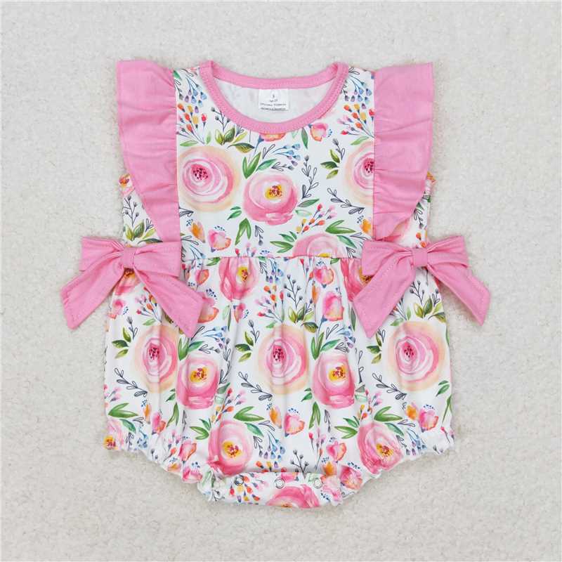 4.24 RTS NO MOQ Girls Pink Ruffles Floral Tunic Short Set Spring Summer Outfit Cute Children's Clothing Floral Print Ruffle Detailing