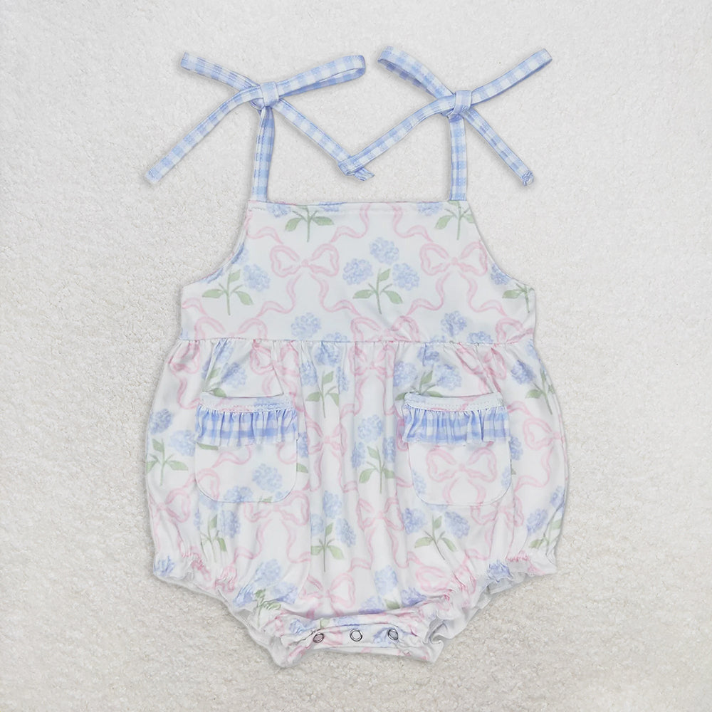 7.14 RTS NO MOQ Light blue floral tunic plaid shorts girls clothing set rompers