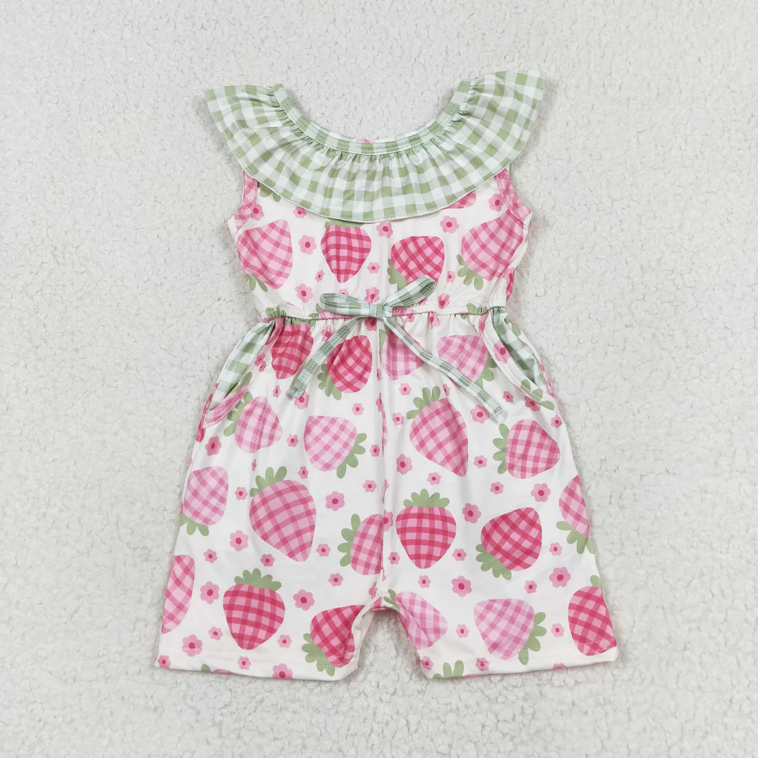 1.6 RTS Sibling Baby Girls Pink Checked Strawberry Pockets Tunic Shorts Clothes Sets Collar Jumpsuits