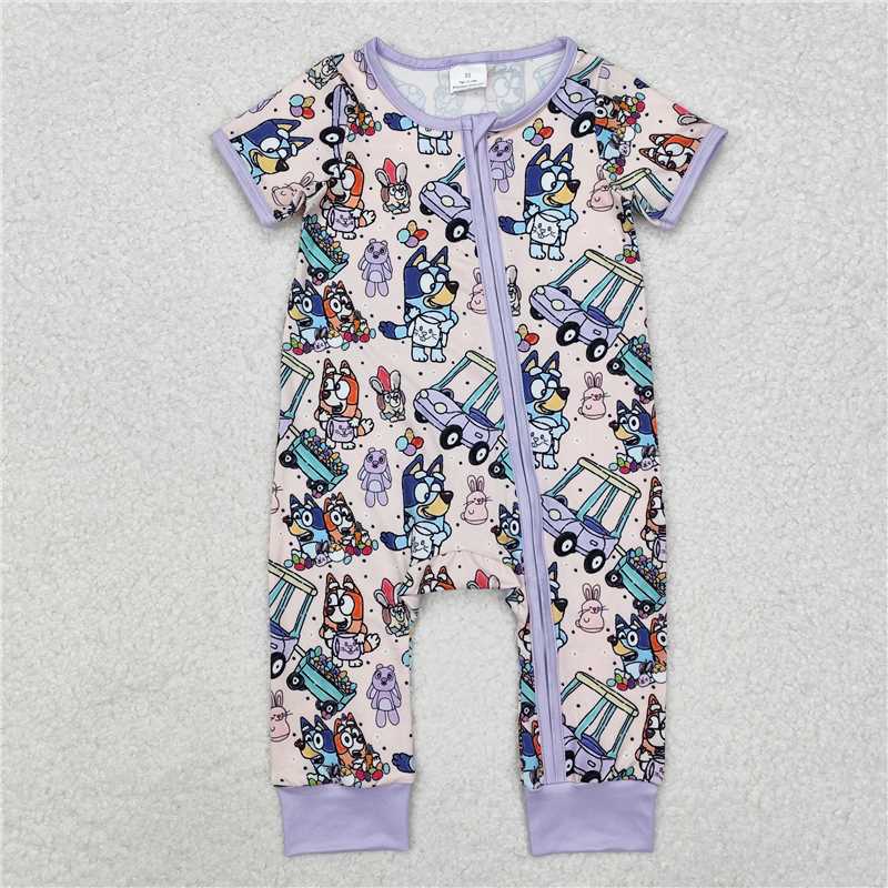 4.22 RTS NO MOQ Blue Easter Zip Romper Short Sleeves for Baby Boys with Rabbit And Eggs Design Baby Outfit for Spring