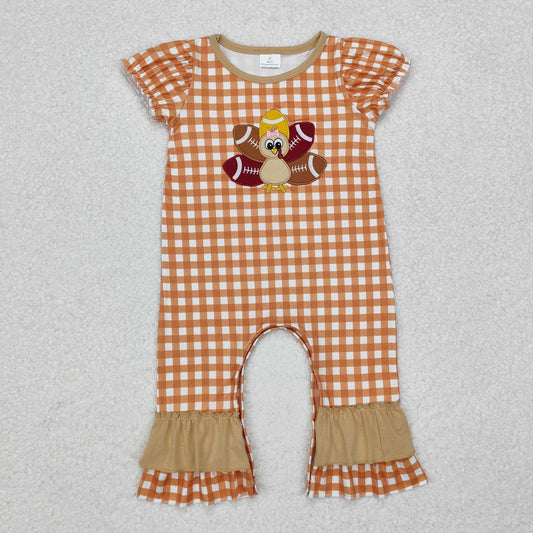 SR1886 Baby Infant Girls Turkey Thanksgiving Checkered Short Sleeve Rompers