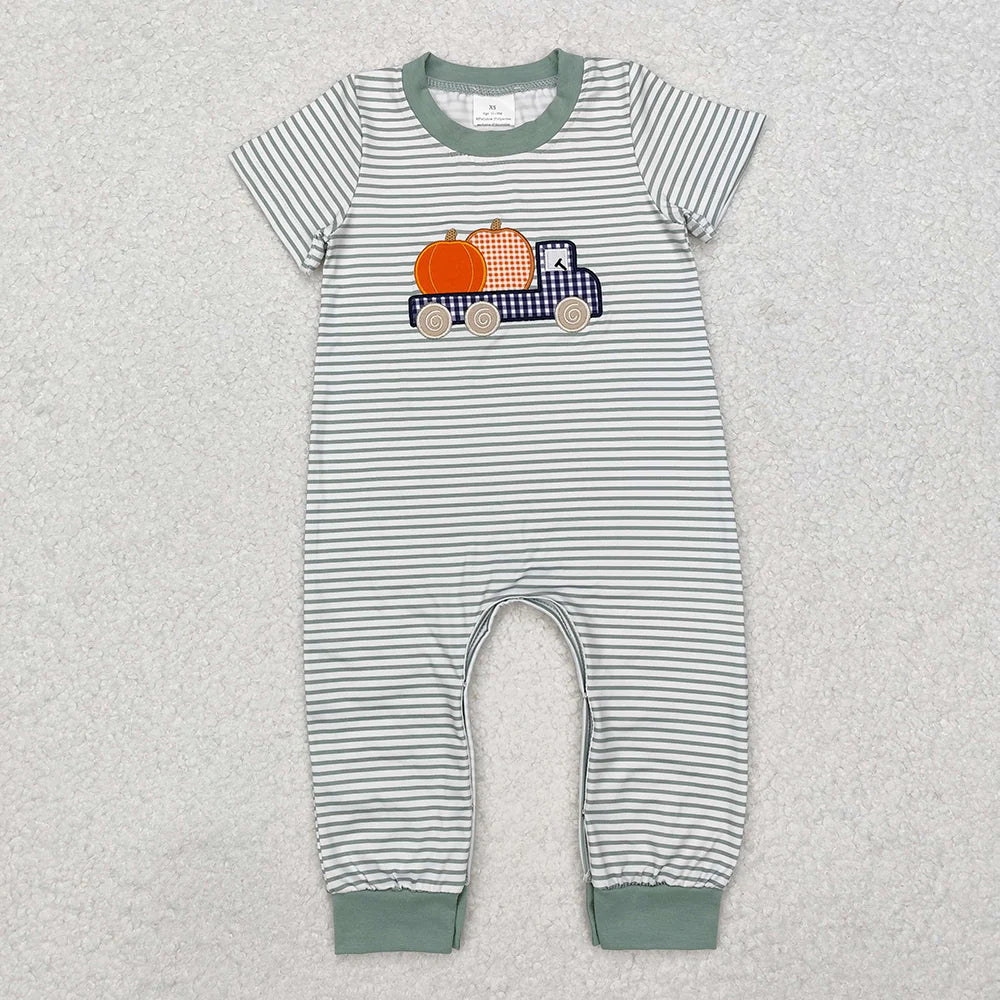 10.3 RTS Sibling Baby Boys Pumpkins Truck Pumpkin Rompers Clothes